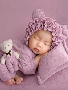 Soft Ruffle Bear-Ear Baby Outfit in Dusty Pink